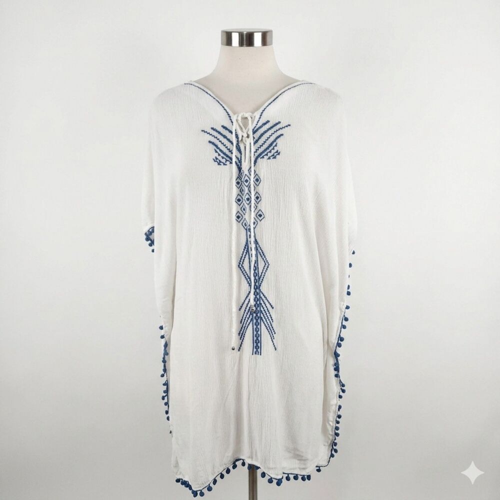 HIGHNESS Womens Peasant Tunic Top 3X White Gauzy Blue Embroidered Caftan Tassel